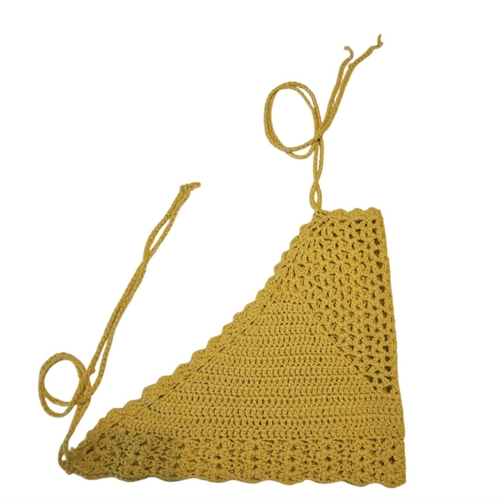 Handmade Crochet Crop-Top Yellow Open back Swimming cover-up  Hollow out stitch - Picture 8 of 17